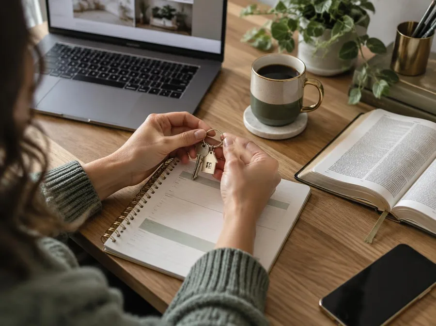 Žena drží kľúče od domu nad rozpočtovým plánovačom vedľa Biblie, notebooku a mobilu