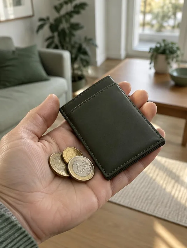 Mince a kožená peňaženka v otvorenej dlani